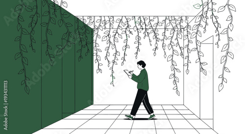 Artist Drawing Digital Plant Vines in Modern Interior Space