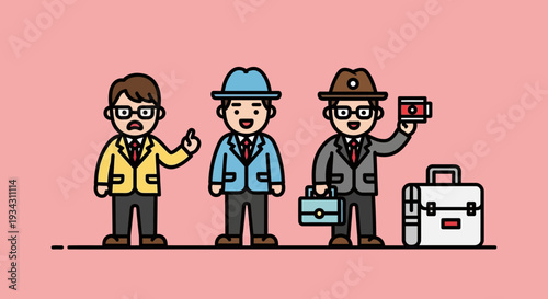 Vector illustration depicting a team of professional businessmen in suits, discussing corporate finance and strategic business decisions, holding cash and a briefcase