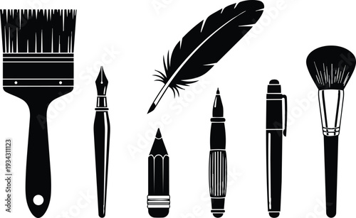 Minimalist vector art close up of seven art tools arranged in a row paint brush nib pencil feather marker pen and makeup brush in black silhouette