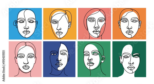 Modern Abstract Faces in Continuous Line Drawing Style, Featuring Diverse Human Likenesses on Vibrant Geometric Backgrounds for Artistic Projects