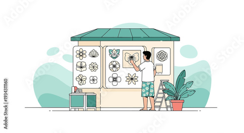 Artist Drawing Floral Designs on Display Board