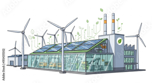 Modern factory with solar panels and wind turbines illustration.