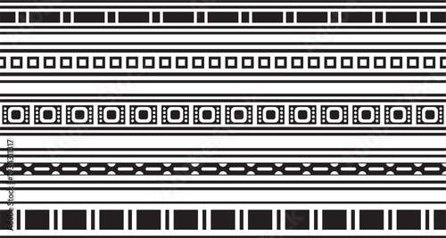 Vector set of black monochrome seamless Egyptian borders. Endless Ornaments of Ancient Egypt. Geometric African frame.
