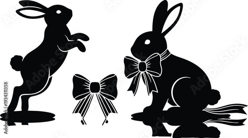 Minimalist vector silhouette low angle jumping rabbit and seated rabbit wearing decorative bow ribbon easter theme black silhouette on white background flat design side view closeup