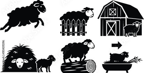 Minimalist vector art close up of jumping sheep and grazing lamb near barn door with hay bale fence and feeding trough in high contrast black silhouette