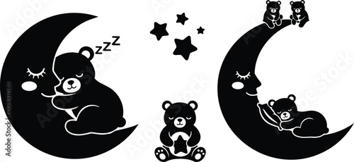 Minimalist vector art crescent moon with sleeping bear hugging moon close up two bear cubs and scattered stars in black silhouette night mood soft cute layout