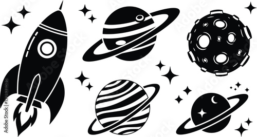 Flat design close up rocket and ringed planets set with moon crater icons arranged in horizontal layout simple black silhouette space illustration bold graphic minimalist vector