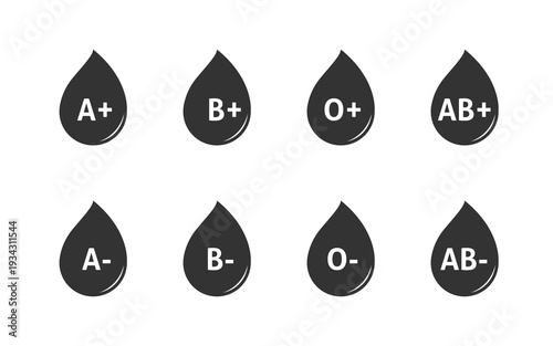 Blood group simple symbols. Blood type icon set. A B O AB group, positive and negative version icons. Isolated blood group signs.