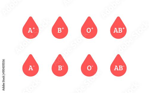 Blood group simple red isolated symbols. Blood type icon set. A B O AB group, positive and negative version icons. Blood group vector signs.