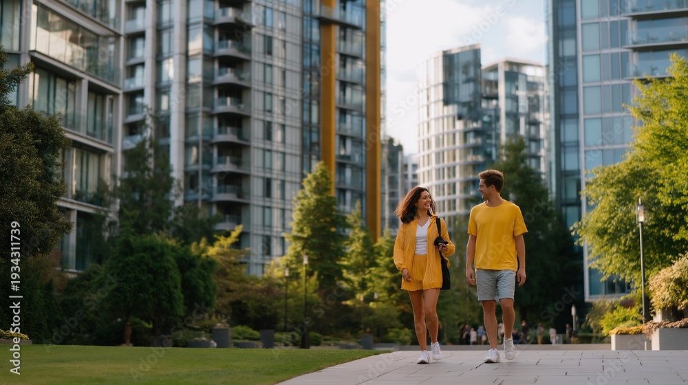 custom made wallpaper toronto digitalPerson renting a friend through a social app for a lonely afternoon walk in a modern urban park, perfect for unusual modern service concept, social connection economy, loneliness culture, modern