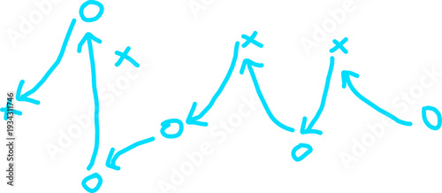 Hand drawn football tactic strategy with arrows and X O symbols on white background. Simple blue sketch of sport game plan diagram concept.