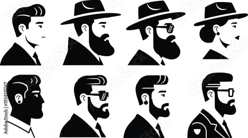 Minimalist flat design avatar set side profile male and female silhouettes with beards hats sunglasses ear studs police badge portrait in black and white vector icons