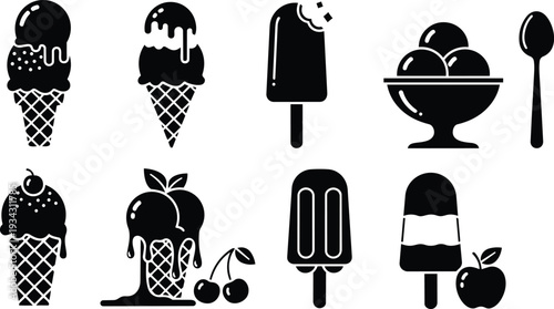 Minimalist black and white vector ice cream icon set showing multiple cones popsicles bowl and spoon with melting drips close up flat design top view illustration