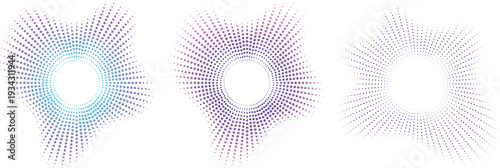 Bundle of spiky cyan and purple gradient circular sound equalizers with neon dots abstract audio icons