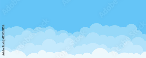 Cartoon sky background with clouds. Content background blue sky with copyspace. Wide panoramic composition.