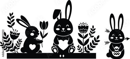 Minimalist vector art close up three playful bunny silhouettes holding flowers and eggs sitting on decorative ledge with floral foliage and heart details black flat spring