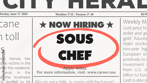 Sous chef career. Recruitment offer - job ad. Newspaper classified ad career opportunity.