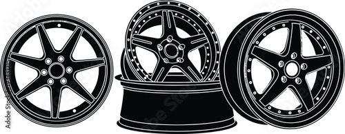 Vector art close up of three alloy car rims staggered view showing five spoke design rivets and deep dish profile in black and white flat style