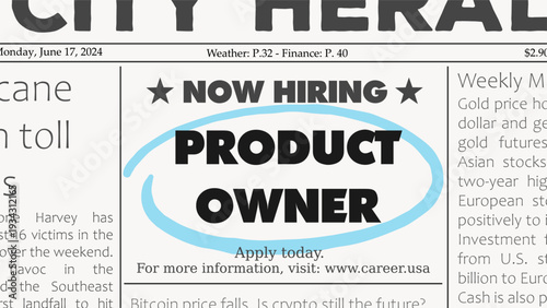 Product owner software development career. Recruitment offer - job ad. Newspaper classified ad career opportunity.