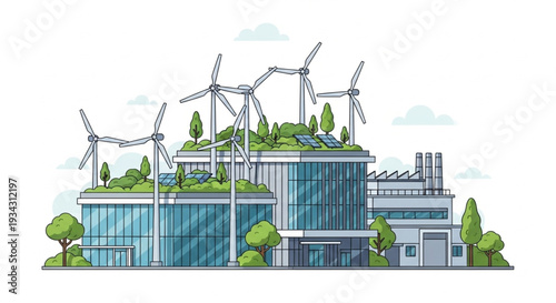 Modern eco friendly building with wind turbines and green roof.