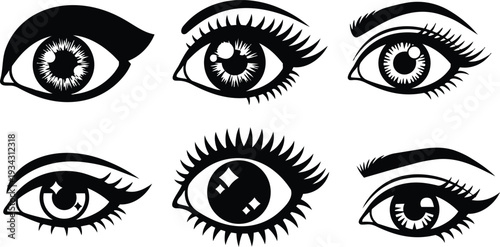 Minimalist vector art close up stylized female eyes with long eyelashes and arched eyebrows six variations top view side view front gaze black white contrast line