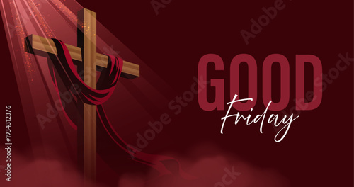 Good Friday 2026 Red Background Poster with Wooden Cross and Dramatic Light Rays Illustration