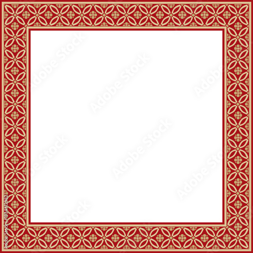 Vector golden with red Chinese rectangle, frame. Square ornaments of oriental peoples, korea, taiwan, china, hong kong, indonesia

