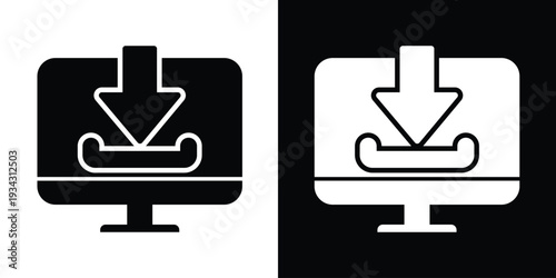 Illustration of a computer monitor with a large down arrow symbol. Concept of downloading data, cloud storage access, saving digital files, and software installation from the web.