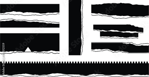 Minimalist vector art close up torn paper strips and ripped notebook edges arranged horizontally and vertically with perforated holes and jagged margins black silhouette isolated mockup