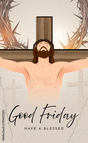Good Friday 2026 Illustration of Jesus Christ Crucifixion with Crown of Thorns Illustration. Christian Poster Design