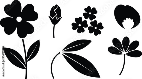 Minimalist black floral vector set with five stylized flowers and leaves arranged in flat composition close up on white background silhouette bud cluster single stem icons