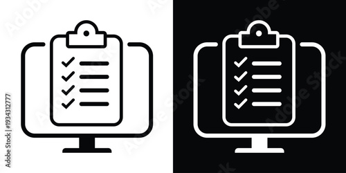 Flat icon of a clipboard with checkmarks on a monitor. Ideal for illustrating online task management, survey completion, electronic checklists, and digital project organization.