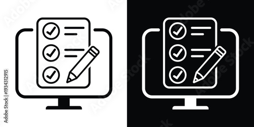 Vector icon of a digital form with a pencil and checkmarks. Perfect for online education, student testing, web surveys, customer feedback, and digital content creation themes.