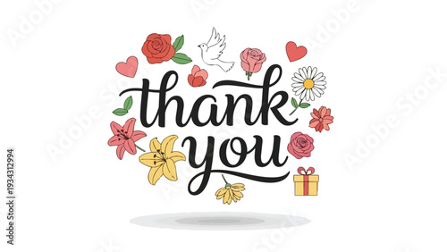 Elegant thank you message with vibrant floral illustrations, hearts, a dove, and a festive gift box on a clean white background expressing sincere