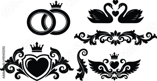 Ornate wedding vector set with crowned rings swan pair heart crest winged heart emblem and decorative floral filigree in black silhouette ornamental corner divider label