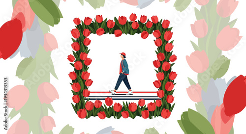 Person Walking Through Red Tulip Flower Frame, Spring Season, White Background