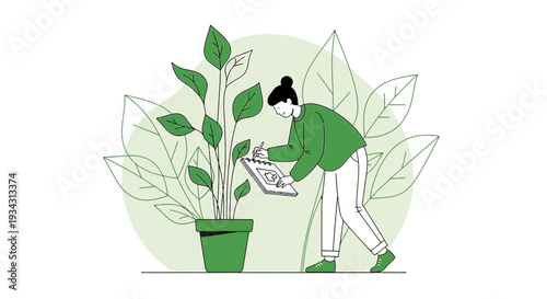 Person Watering Plant with Tablet, Gardening Concept Illustration