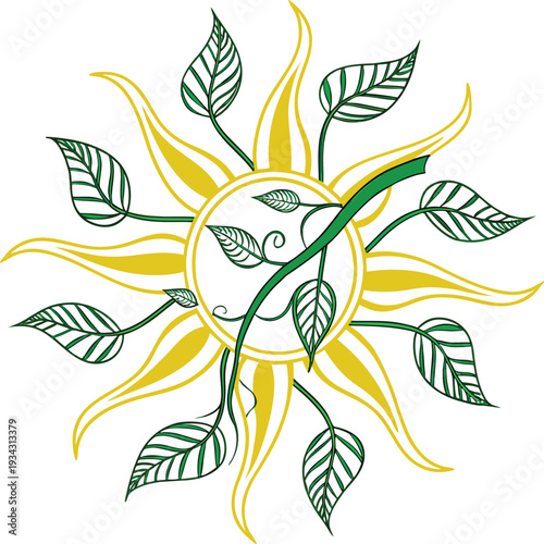 Sun With Eco Leaf Rays Vector Illustration