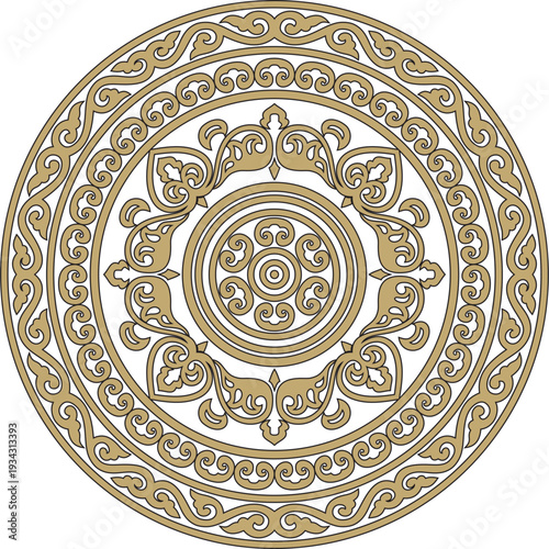 Vector round gold and black ancient Russian ornament. Slavic border, frame. Circle, ring. Painting of the royal chambers.