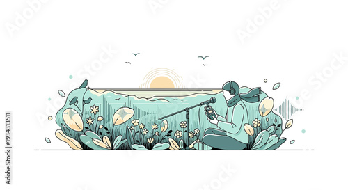 Person with Microphone in Nature, Sound Recording, Peaceful Serenity