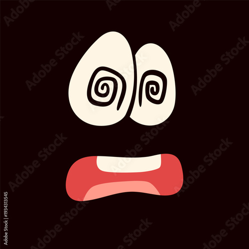 Cartoon comic Face in a dark. Big eyes, open mouth. Hypnotized, scared emotion, expression. Hand drawn trendy Vector illustration. Isolated design element. Avatar, logo, print, sticker template