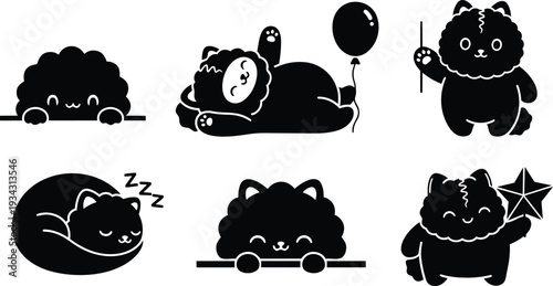 Minimalist icon set close up fluffy cat poses peeking sleeping waving holding balloon holding star on white background black silhouette playful smiling paw curled landscape charming