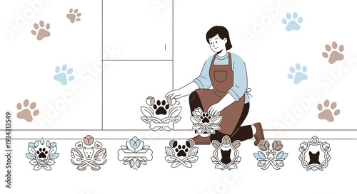 Pet Groomer Arranging Decorative Paw Print Emblems