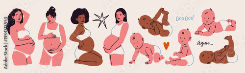 Big set of Pregnant women and Little babies. Ladies in underwear holding their belly. Cute characters. Hand drawn Vector illustration. Future mothers, baby expecting, motherhood, pregnancy concept