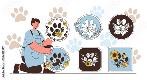 Pet Groomer With Floral Paw Print Designs