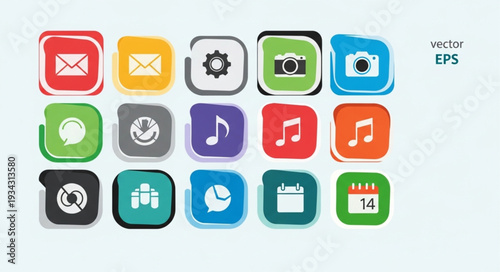 Collection of colorful app icons for digital interfaces.
