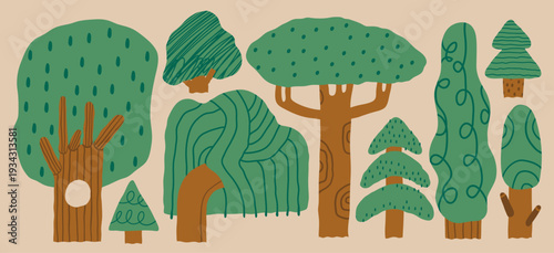 Set of various green Trees. Different types, shapes, textures. Cartoon, childish Scandinavian style forest trees. Hand drawn trendy Vector illustration. Isolated design elements 
