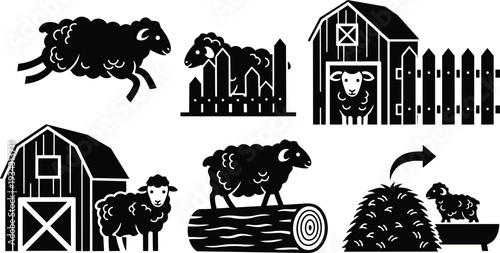 Minimalist black sheep icon set showing jumping and grazing sheep beside barn fence log feeding trough haystack side view closeup low angle flat vector art mockup