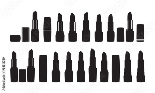 Set of 20 black and white vector illustrations of lipsticks and lip gloss tubes isolated on white background