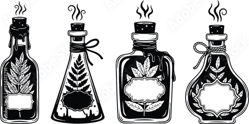Hand drawn vintage bottle herb labels set with cork stoppers close up four glass flasks side view black ink botanical vector art ornate blank frames steam